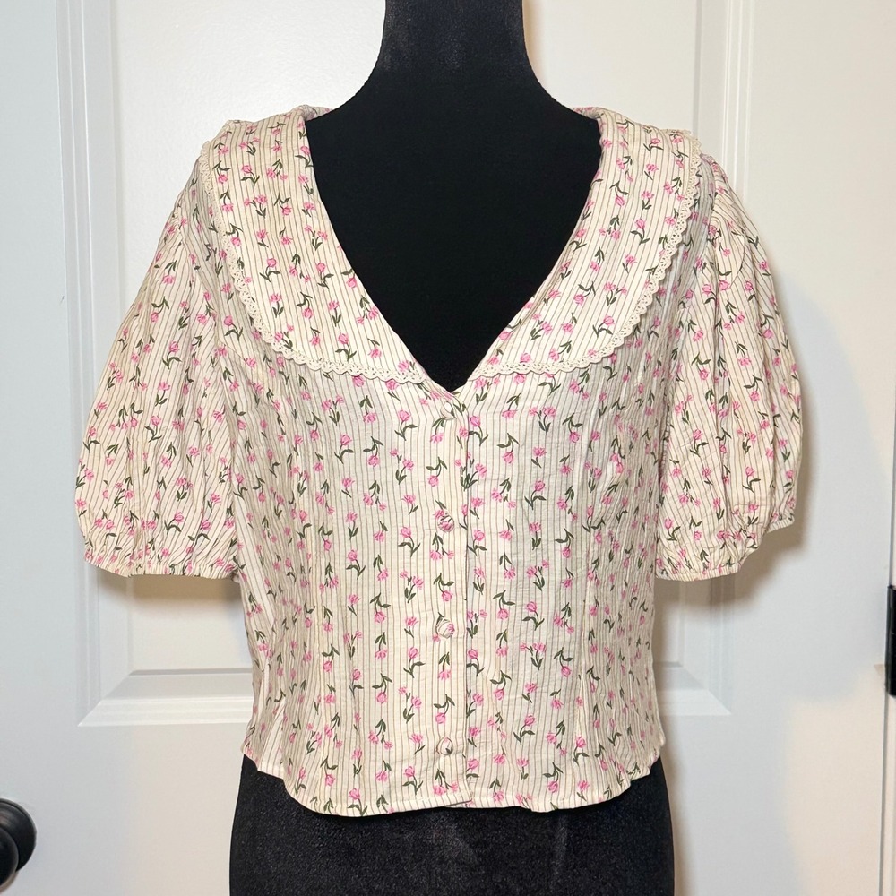 Sienna Sky Floral Puff Sleeve Blouse Lace Retro Coquette Large